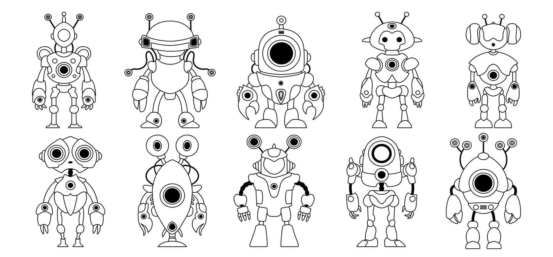 Set of linear black and white robot icons Isolated on white background. Character Artificial Intelligence Concept Flat Vector Illustration.