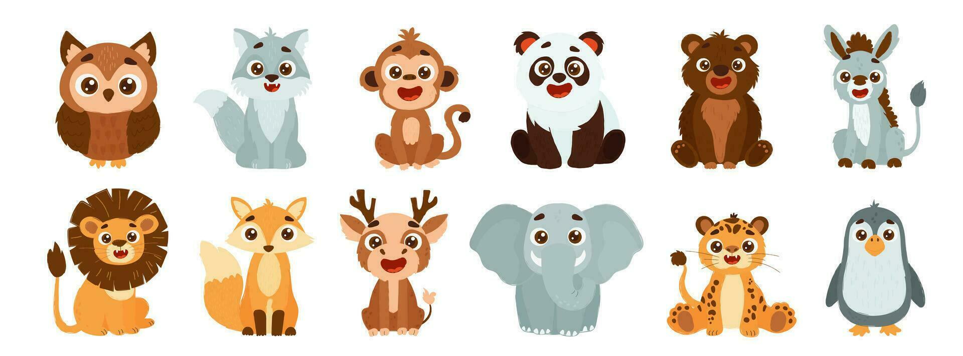 Set of cute wild animals including lion, fox, deer, elephant, tiger, penguin, owl, wolf, monkey, panda, bear and donkey. Vector children's style illustration of forest animals.