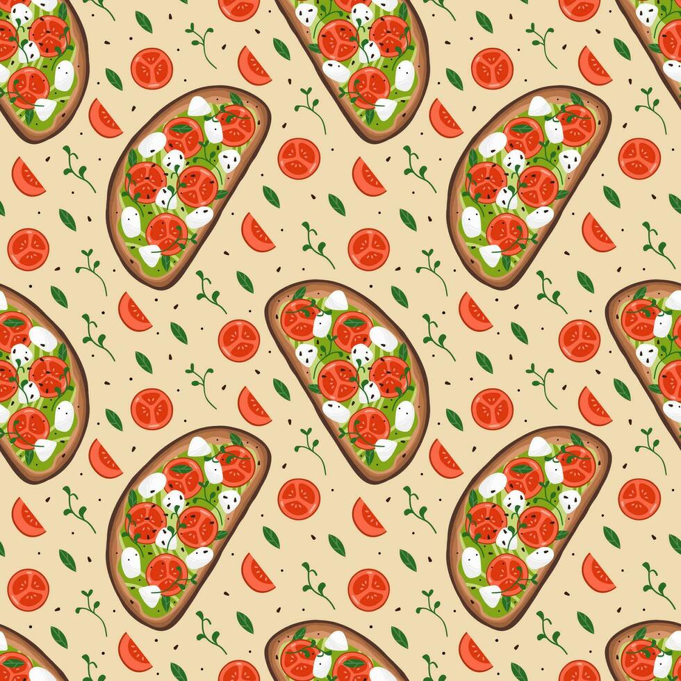 Pattern with bruschetta, tomato and greenery vector