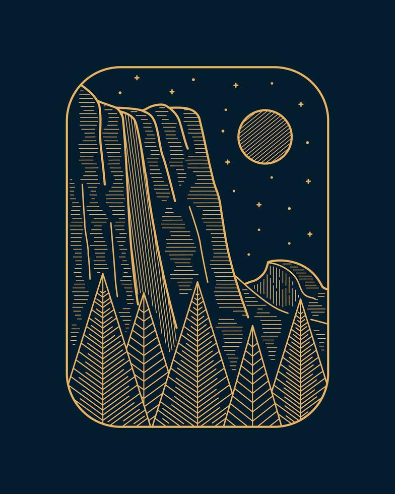 Majesty of Yosemite Falls National Park in mono line style vector art