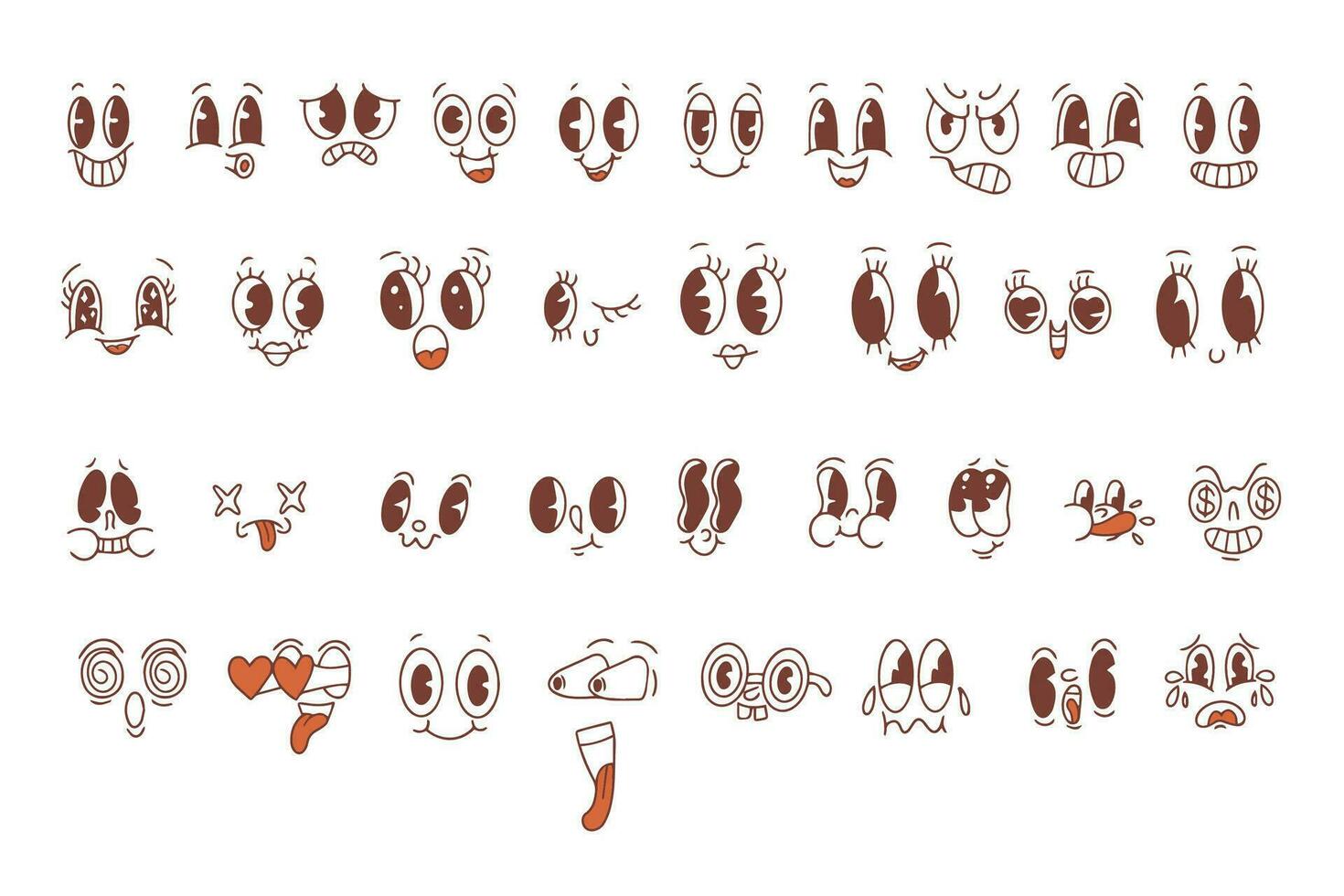 Set of retro cartoon mascot characters. Vintage funny faces with emotions of joy, fun, surprise or cunning. Funny avatars with big eyes and mouth. Vector