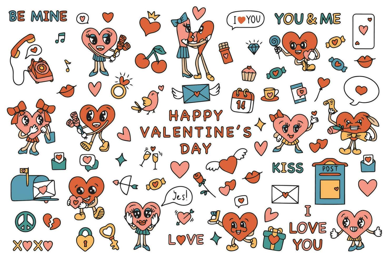 Retro vintage Valentine's day clipart. Romantic symbols
