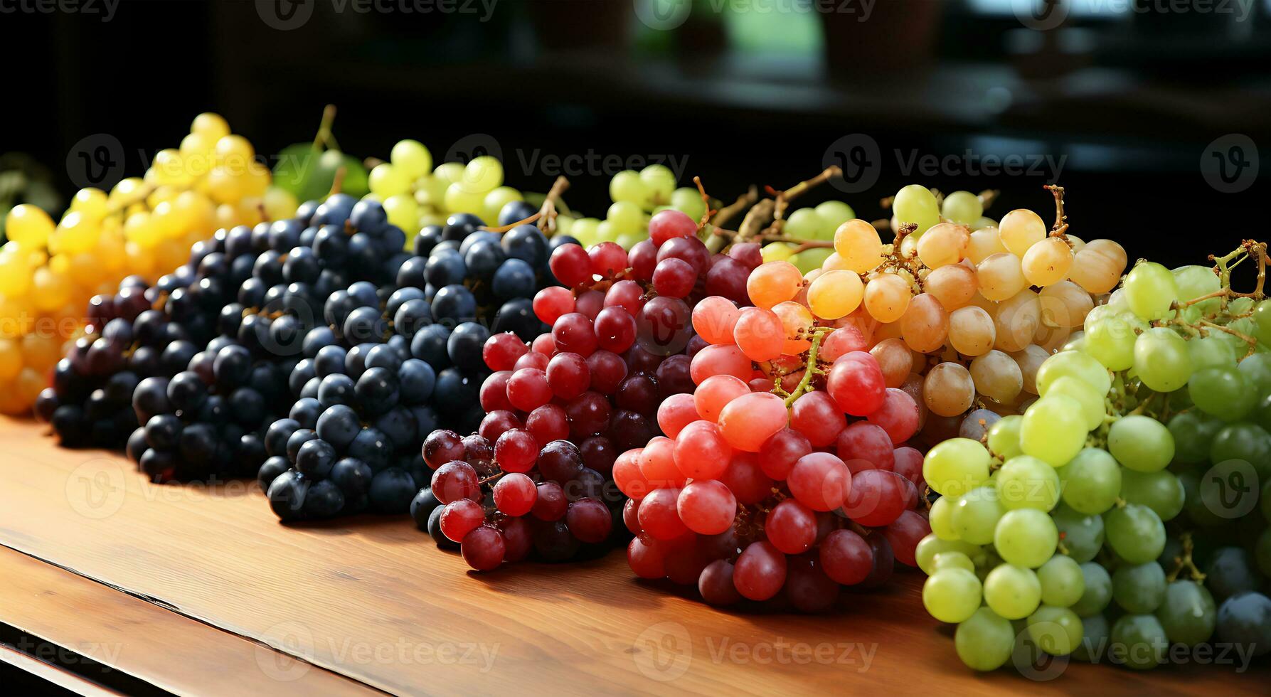 ai generado diferente de colores uvas en de madera mesas cuales son muy sabroso y dulce frutas foto