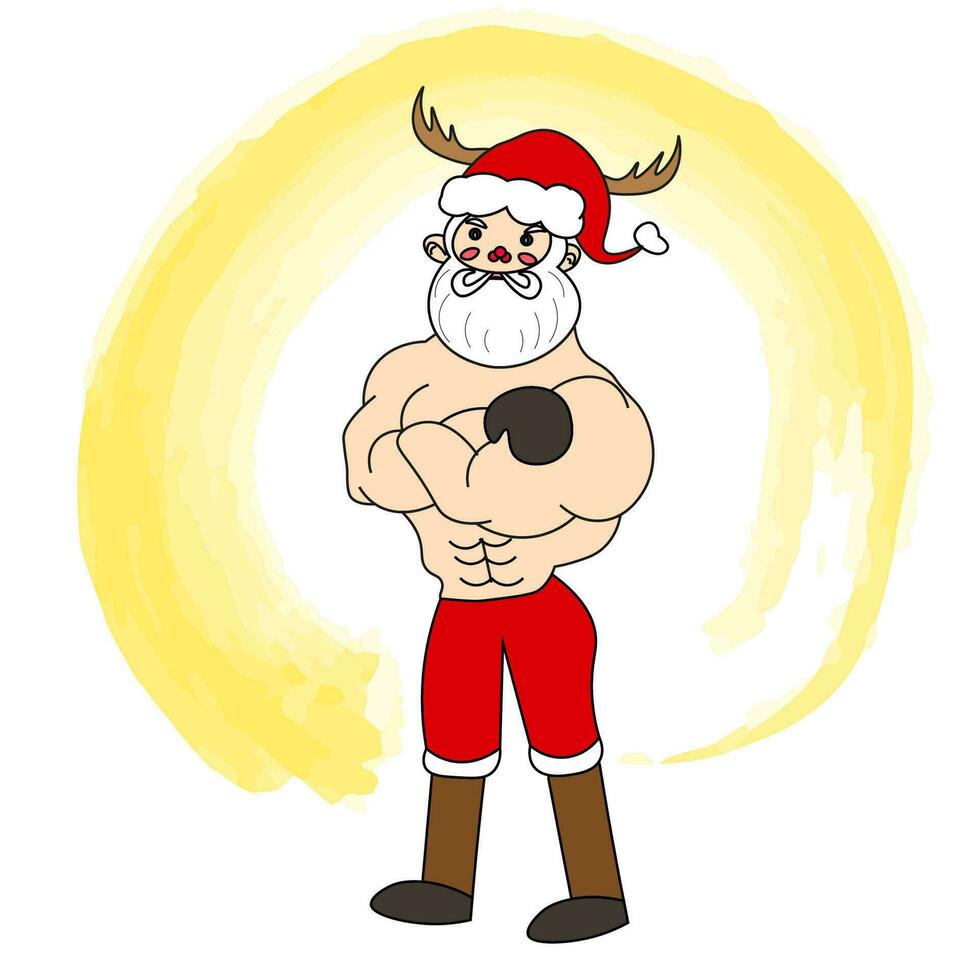 illustration of Santa who has muscular muscles with the light of heaven vector