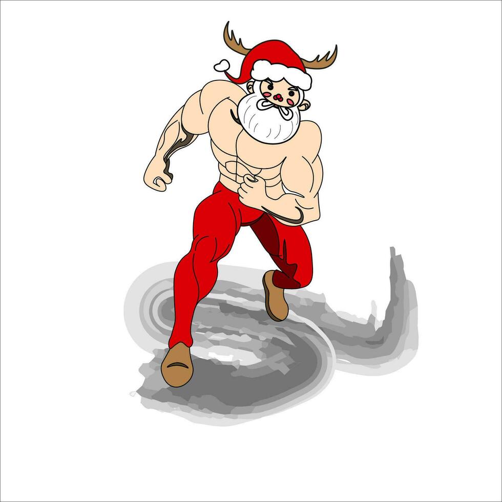 illustration of Santa who has a muscular body running vector