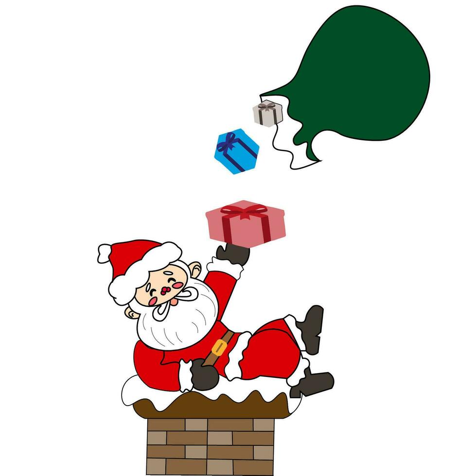 illustration of Santa sneaking through a chimney and accidentally dropping his gift bag vector