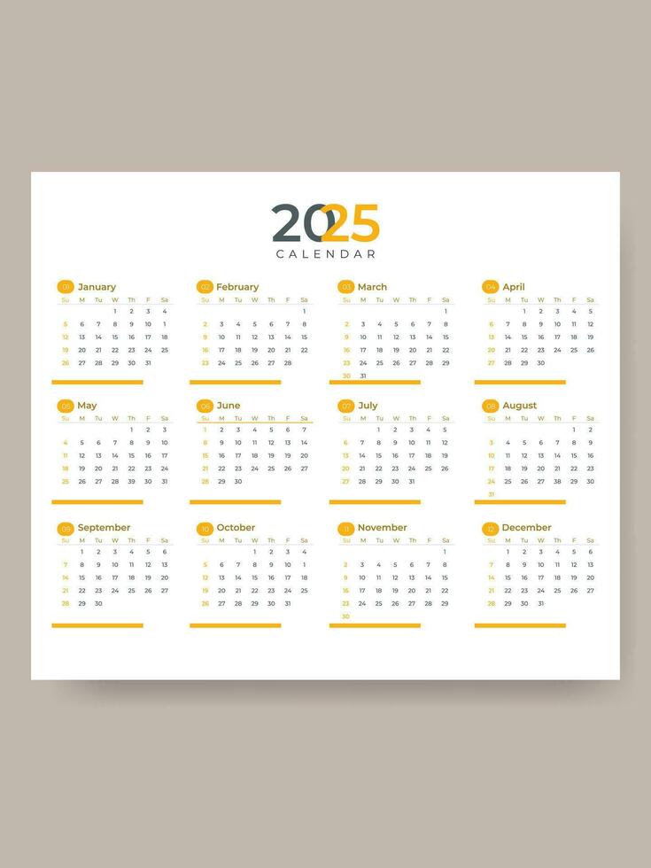 One page 2025 calendar design template for business corporate office