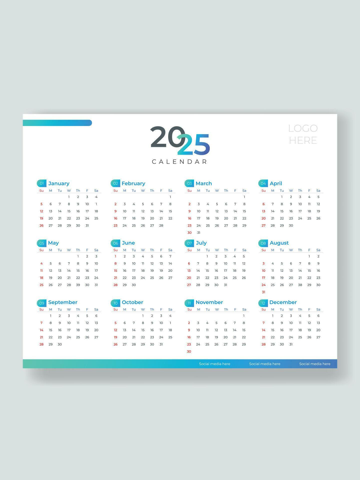 One page 2025 calendar design template for business corporate office