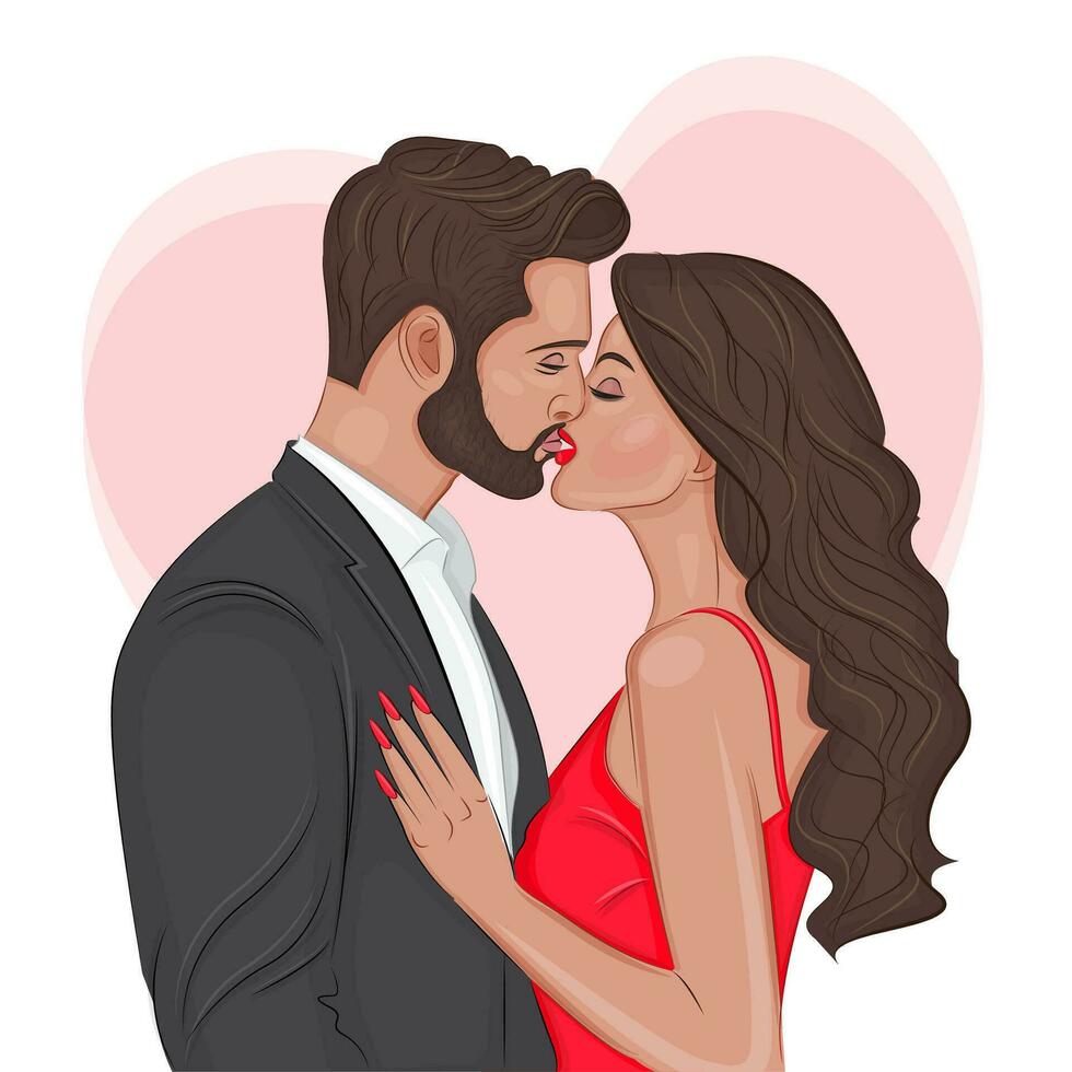 hermosa amoroso Pareja besos en San Valentín día de moda elegante vector ilustraciones