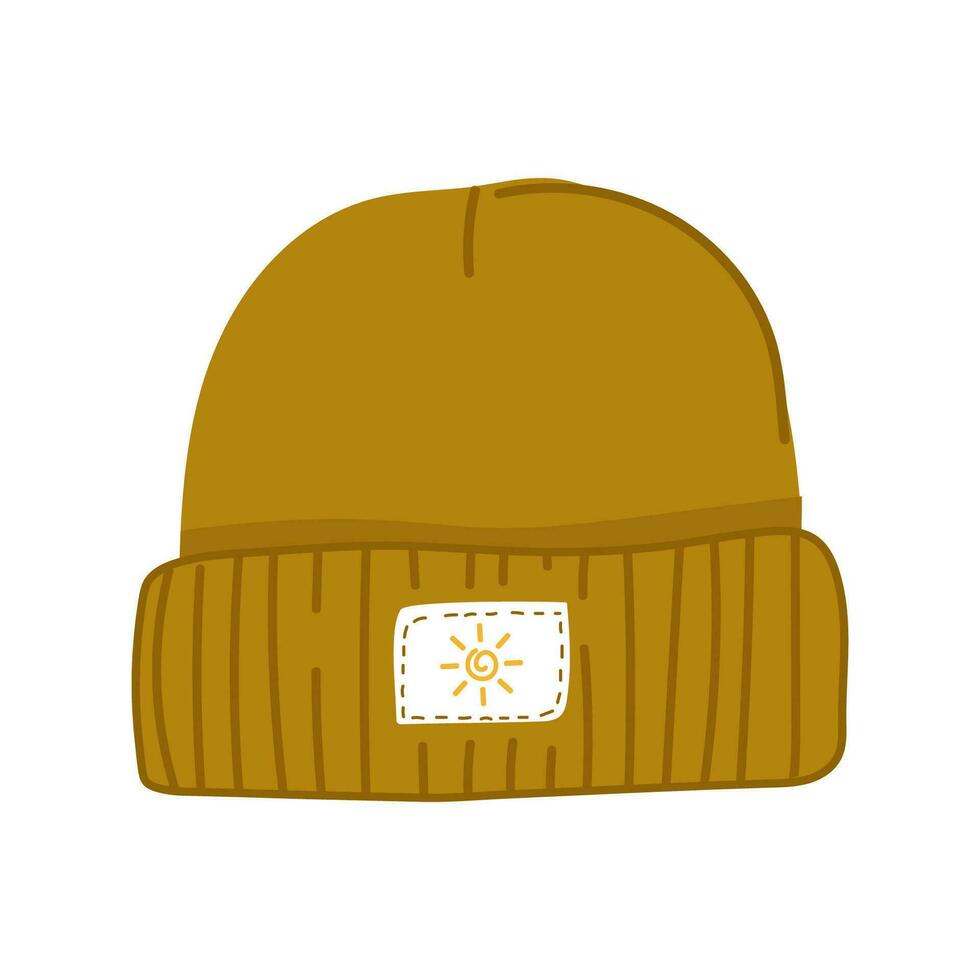 An illustration of a doodle beanie hat with a fun badge. Cute winter headwear. Isolated on white. vector