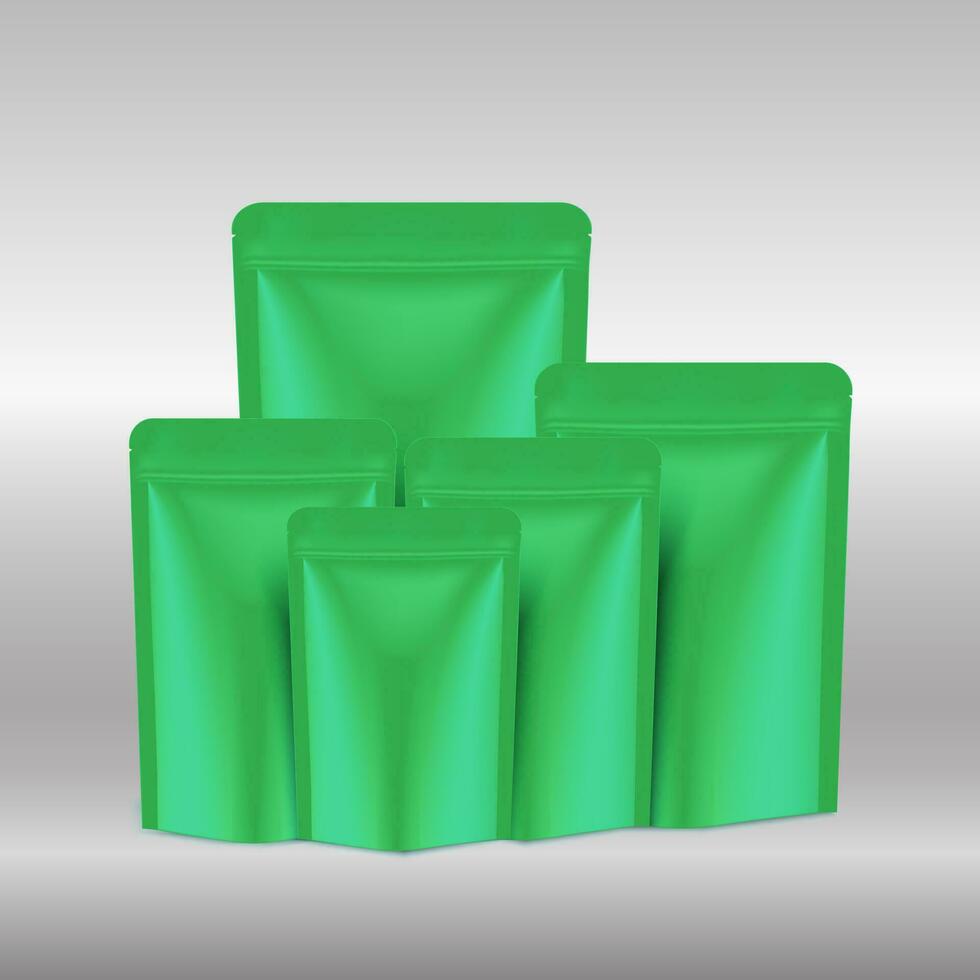 frustrar bolsita Bosquejo, el plastico bolsa blanco con cremallera frente ver en gris antecedentes. brillante verde paquete para modelo tu diseño, promoción, anuncio. té, azúcar, dulce, galleta. vector ilustración eps10.