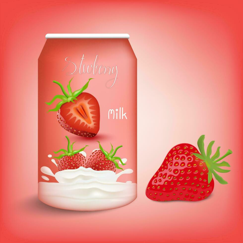 Can of milk or strawberry flavored juice on red background. Vector illustration EPS 10.
