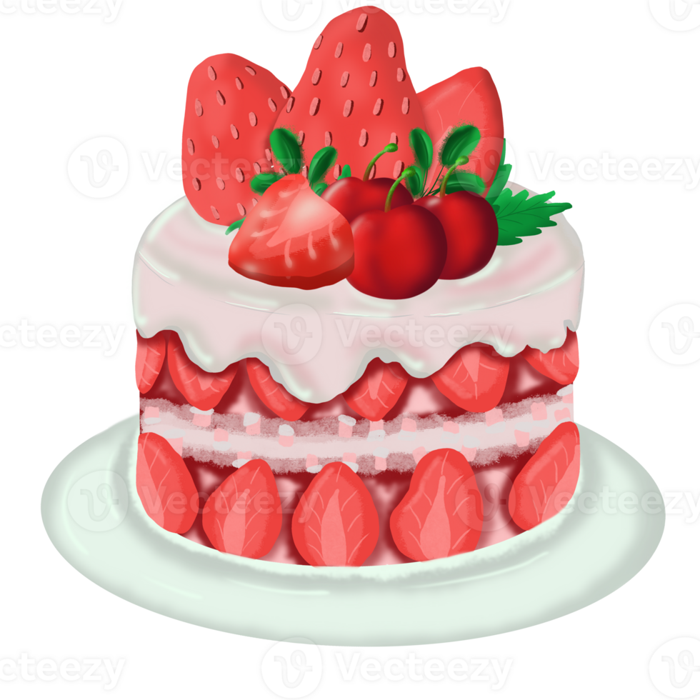 a strawberry cake with strawberries and cherries on top png