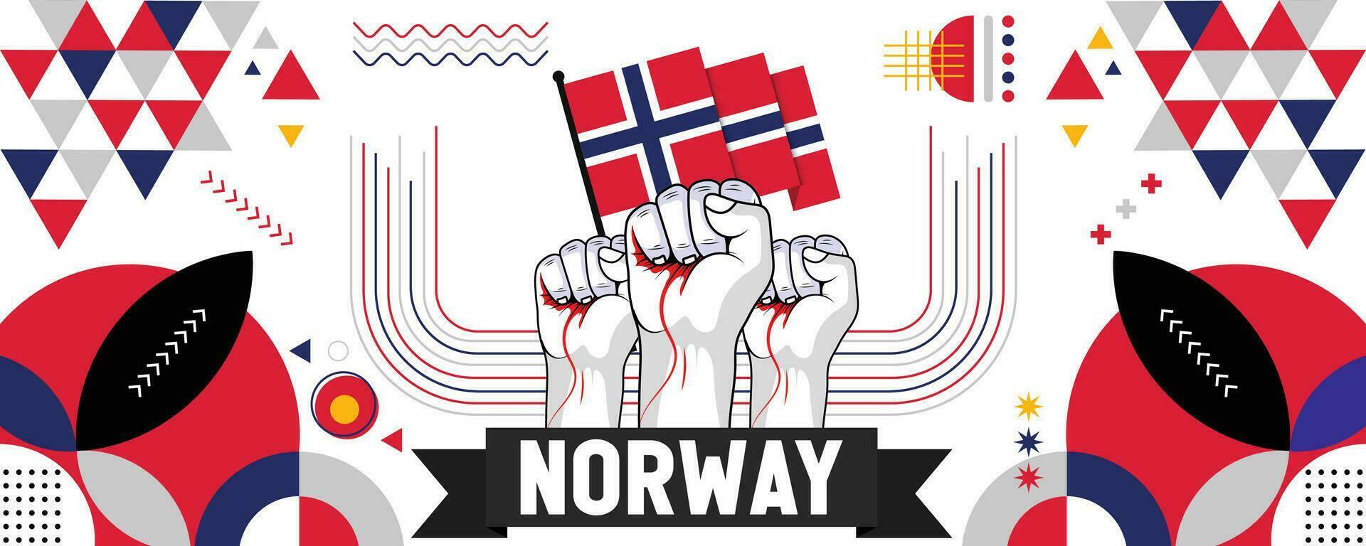 Norway national or independence day banner for country celebration. Flag of Norway with raised fists. Modern retro design with typorgaphy abstract geometric icons. Vector illustration.