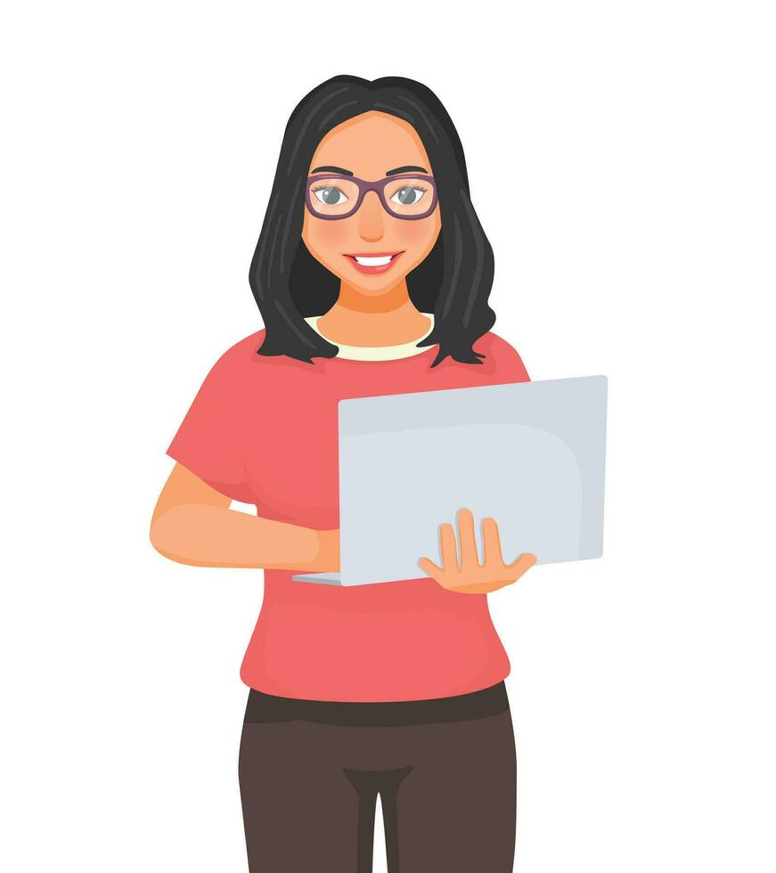 Young beautiful woman with glasses using laptop vector