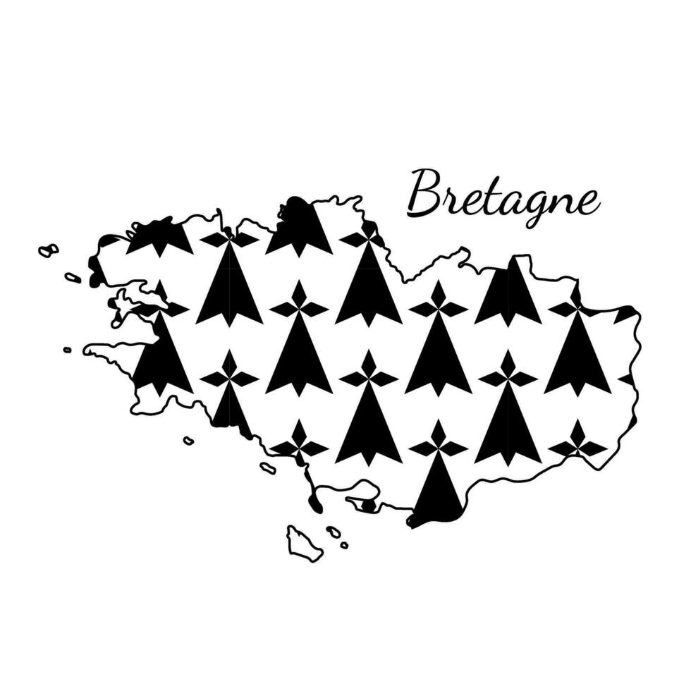 Map of Breton France region with ermine pattern. Flag of Breton on a map of Breton. Vector illustration