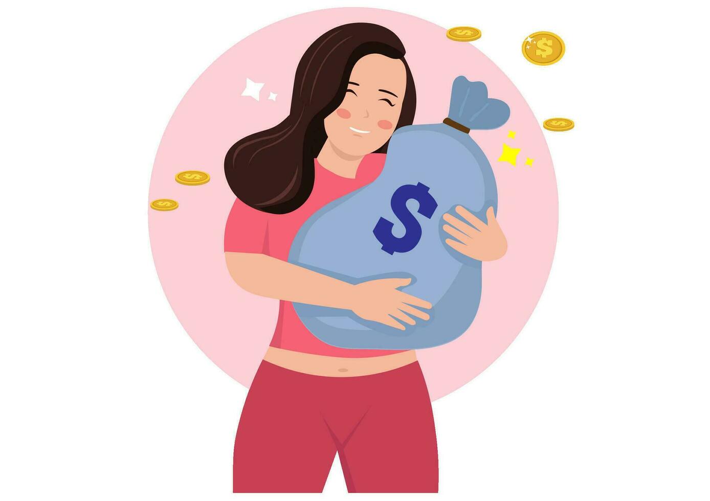A woman lovingly hugs a large wallet. Vector illustration