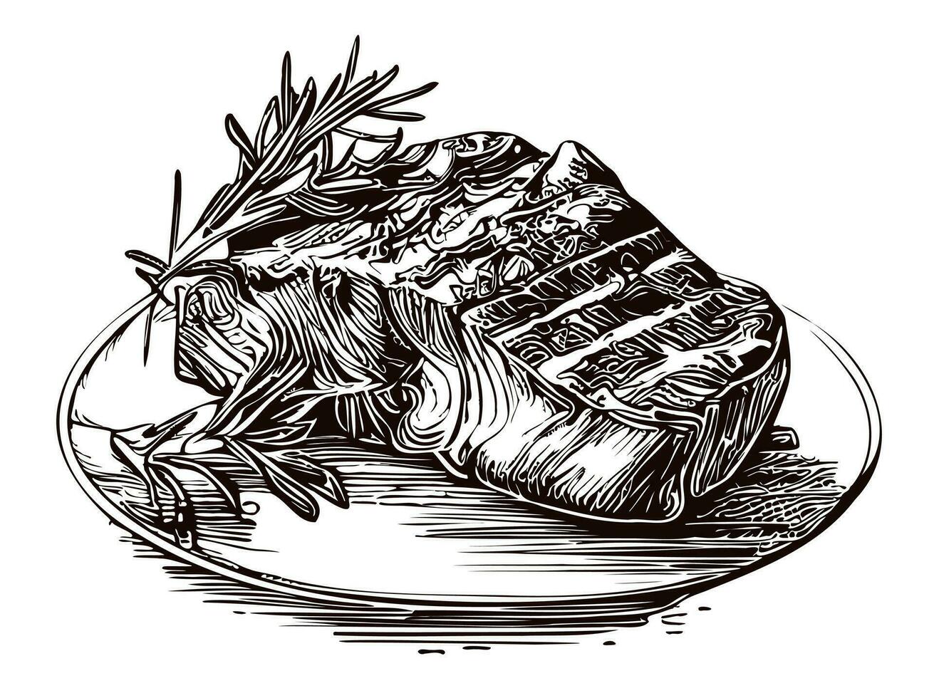 A la parrilla filete en plato bosquejo vector ilustración carne plato