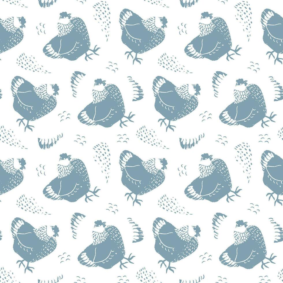 Seamless pattern with chicken. Hand drawn vector illustration. Farm animal print. Spring summer hen pattern for paper, textile design. Block print effect.