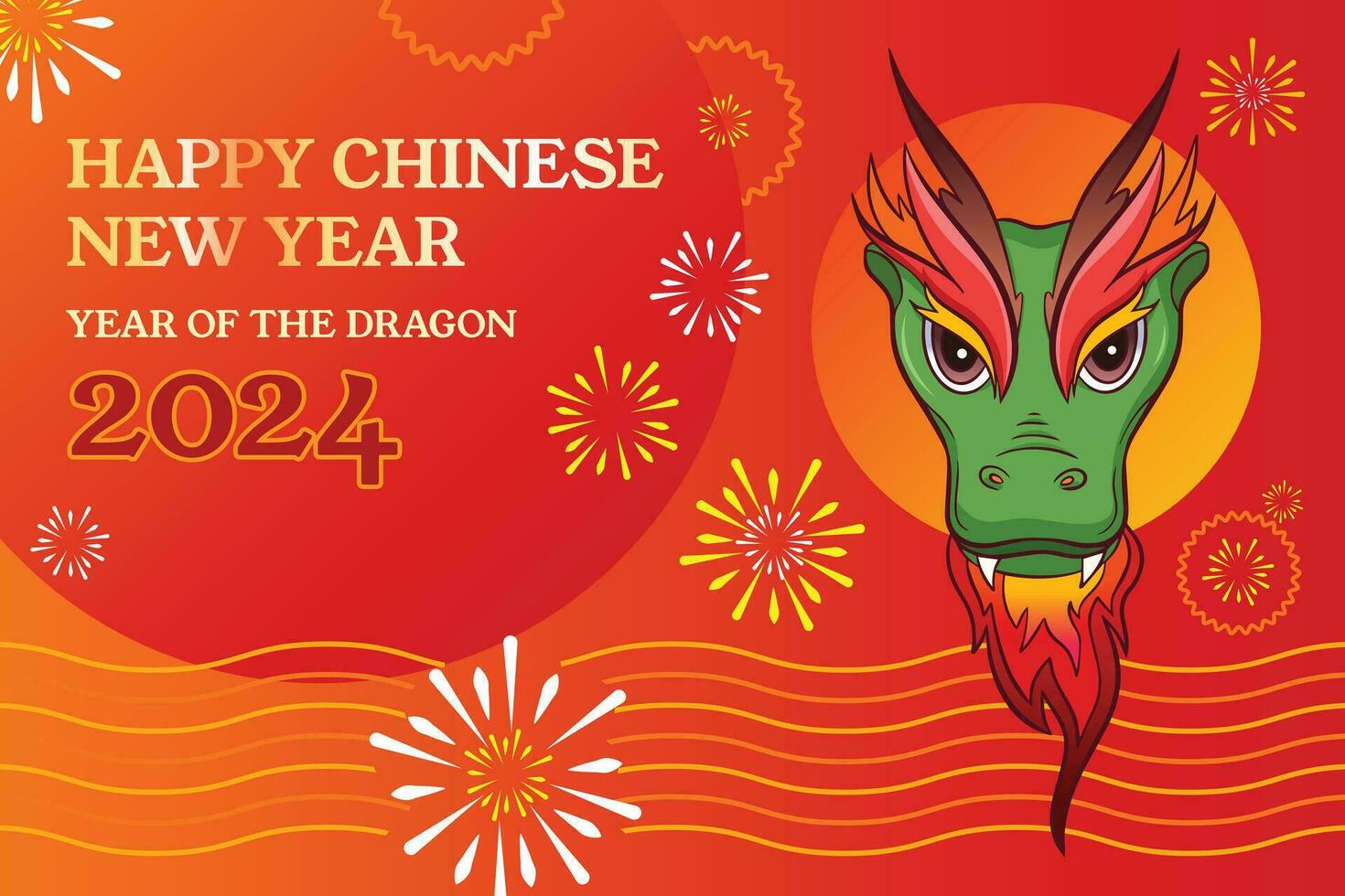 Happy Chinese New Year 2024 Year of The Dragon Design Template vector illustration isolated on horizontal background with green and red dragon face portrait. Wallpaper and backdrop drawing.