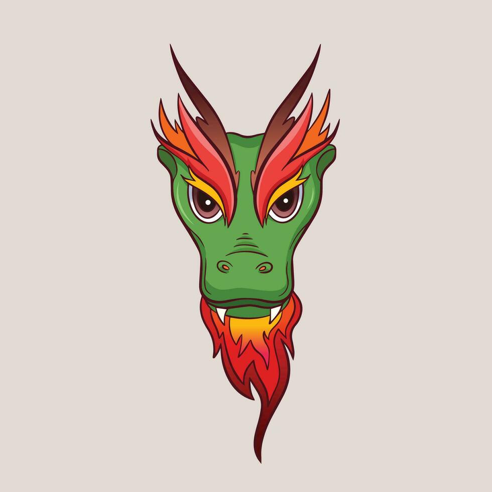 Green, red, and brown colored animal dragon face portrait. Chinese New Year CNY 2024 Year of the Dragon vector illustration isolated on square plain light brown background.