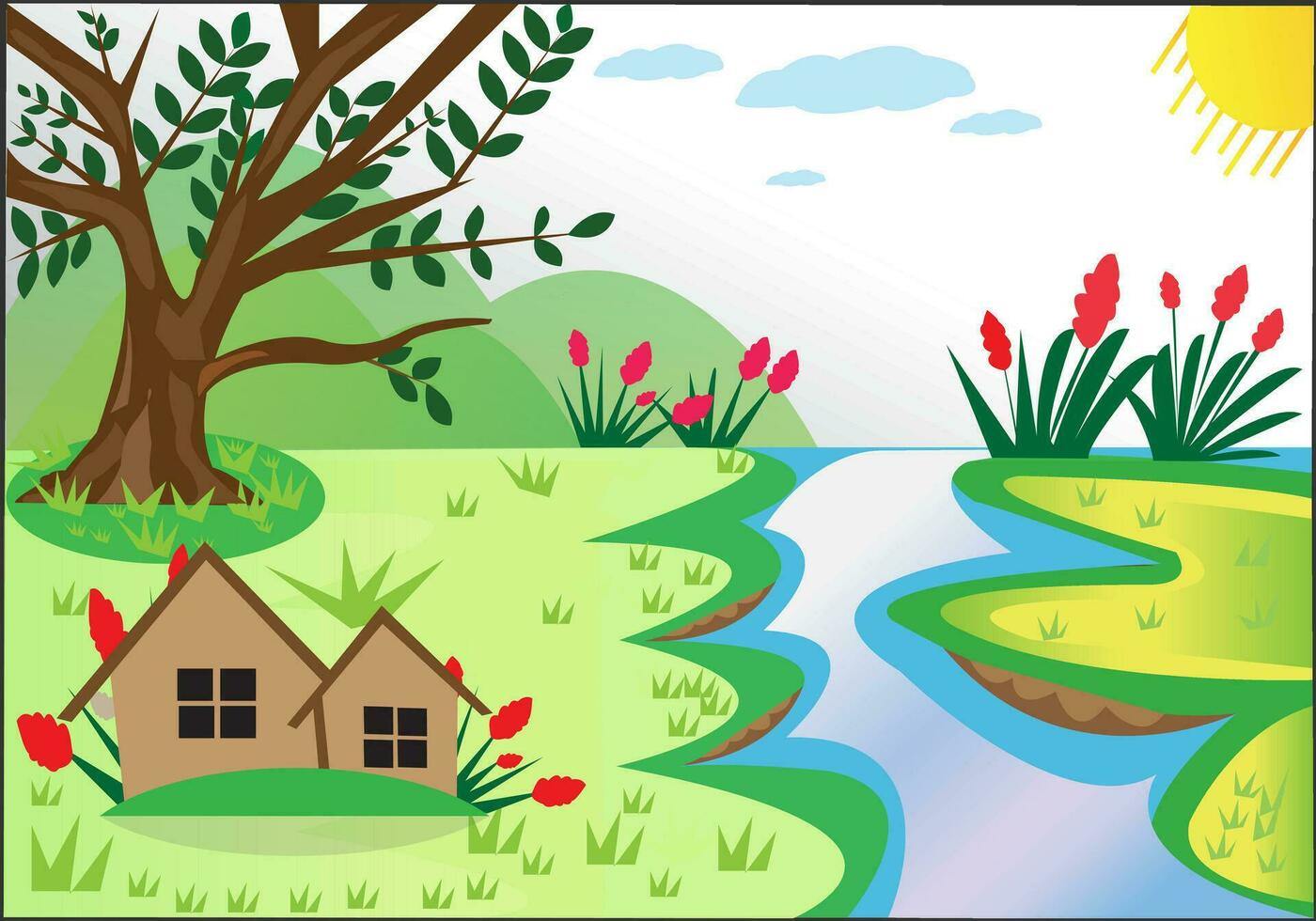 pueblo naturaleza escena con muchos árboles, flor, río ilustración paisaje vector diseño