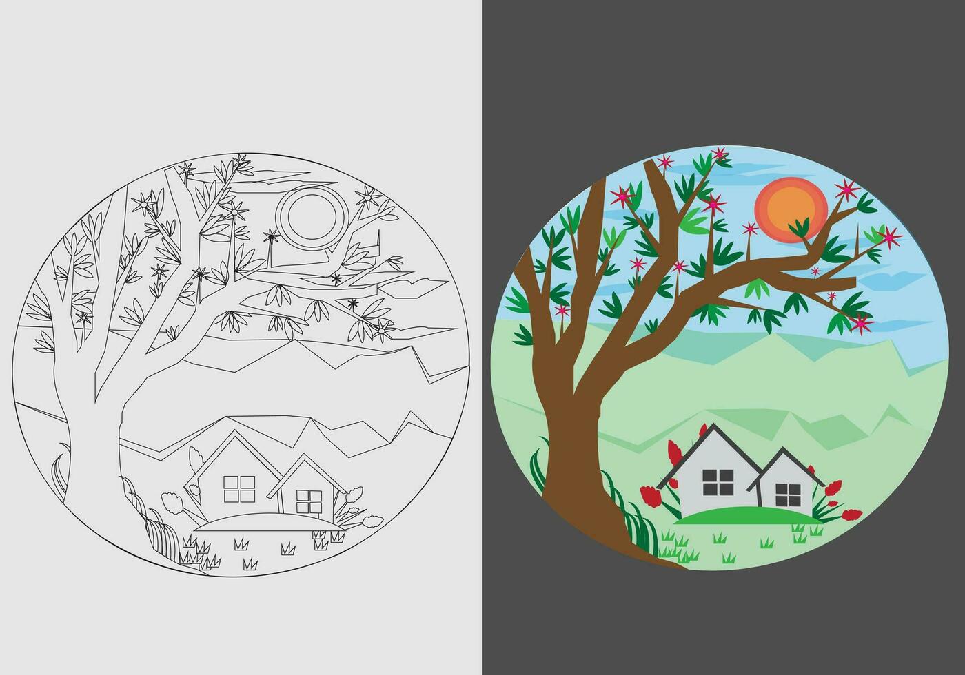 A house in nature scene And Beautiful village Flower Tree Vector Logo Design