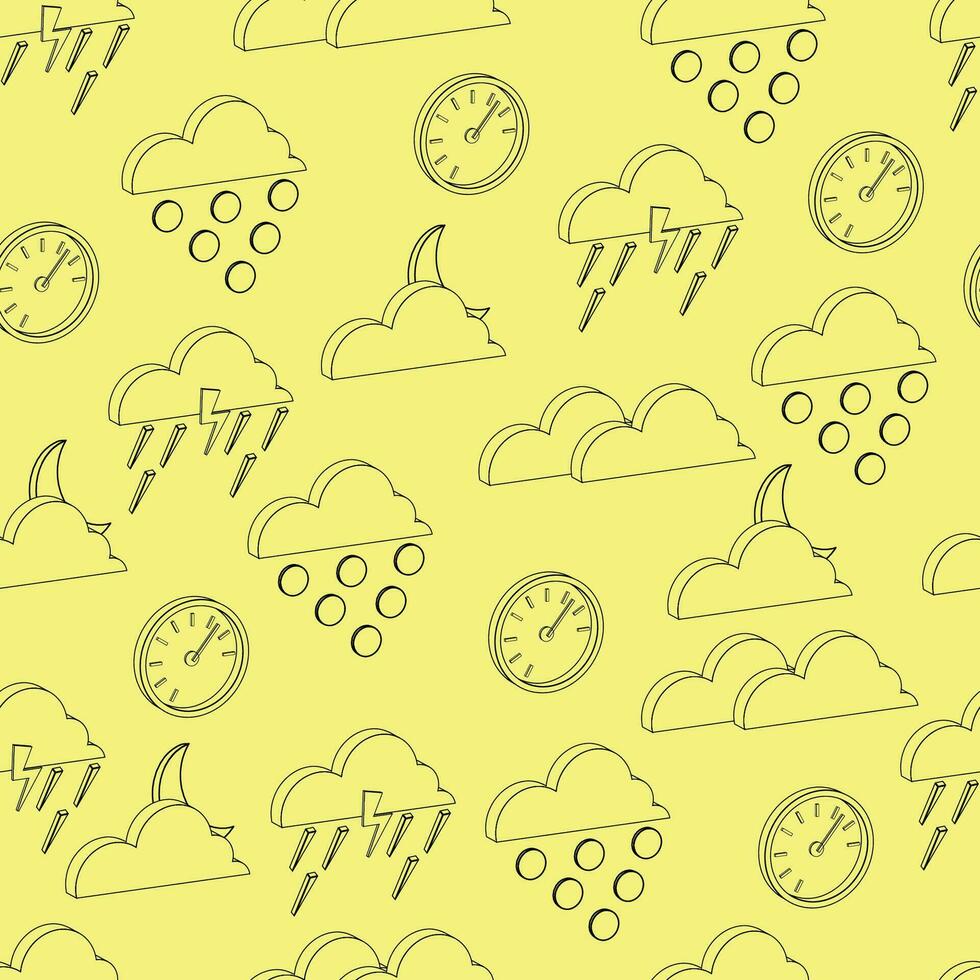 Seamless pattern of black contour 3d weather icons on a yellow background vector