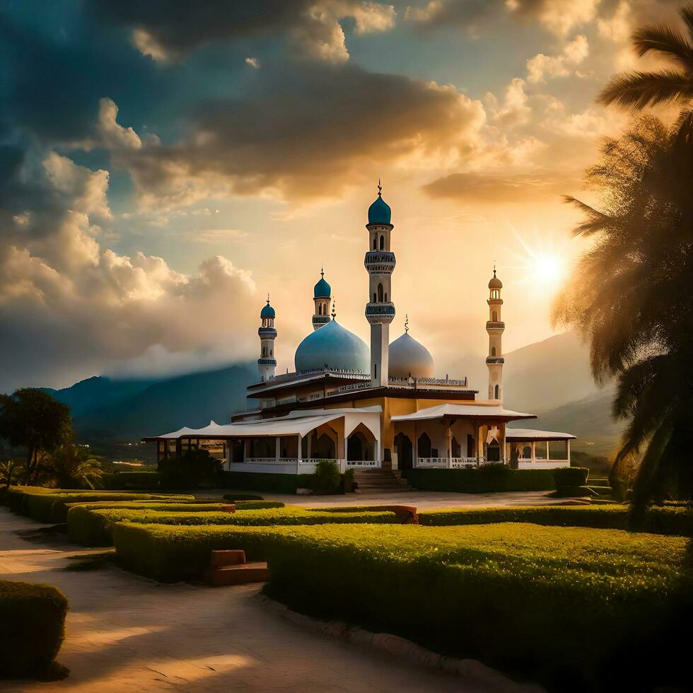 ai generado dorado hora reflexiones de pacífico pueblo mezquita abrazo foto