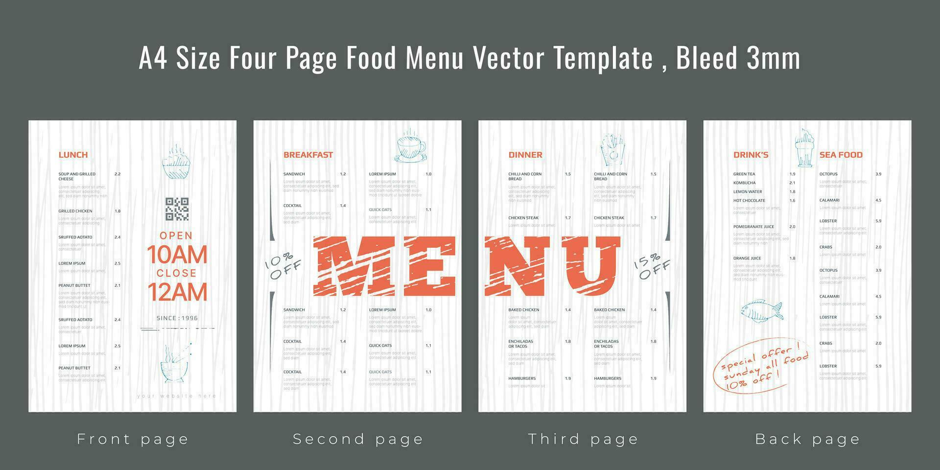 Restaurant cafe menu, template design, A4 size four page food menu template, Bleed 3mm vector