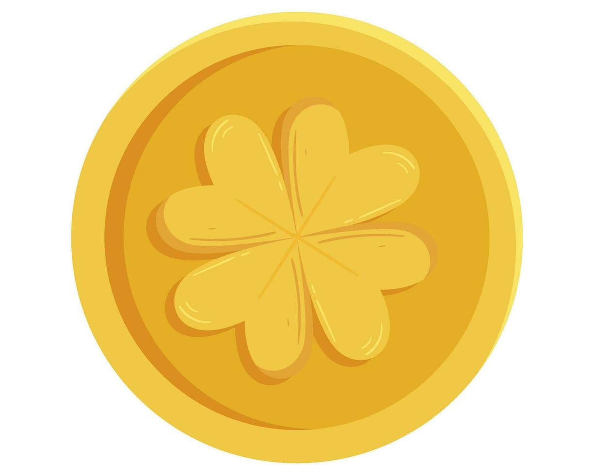 St. Patricks Day gold coin with four-leaves clover or shamrock vector