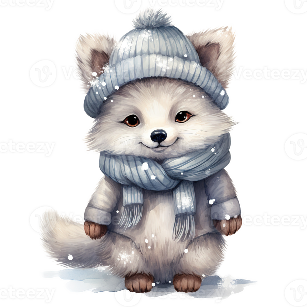 AI generated Arctic Fox Wearing Winter Clothes For Christmas Event. Watercolor Style. AI Generated png