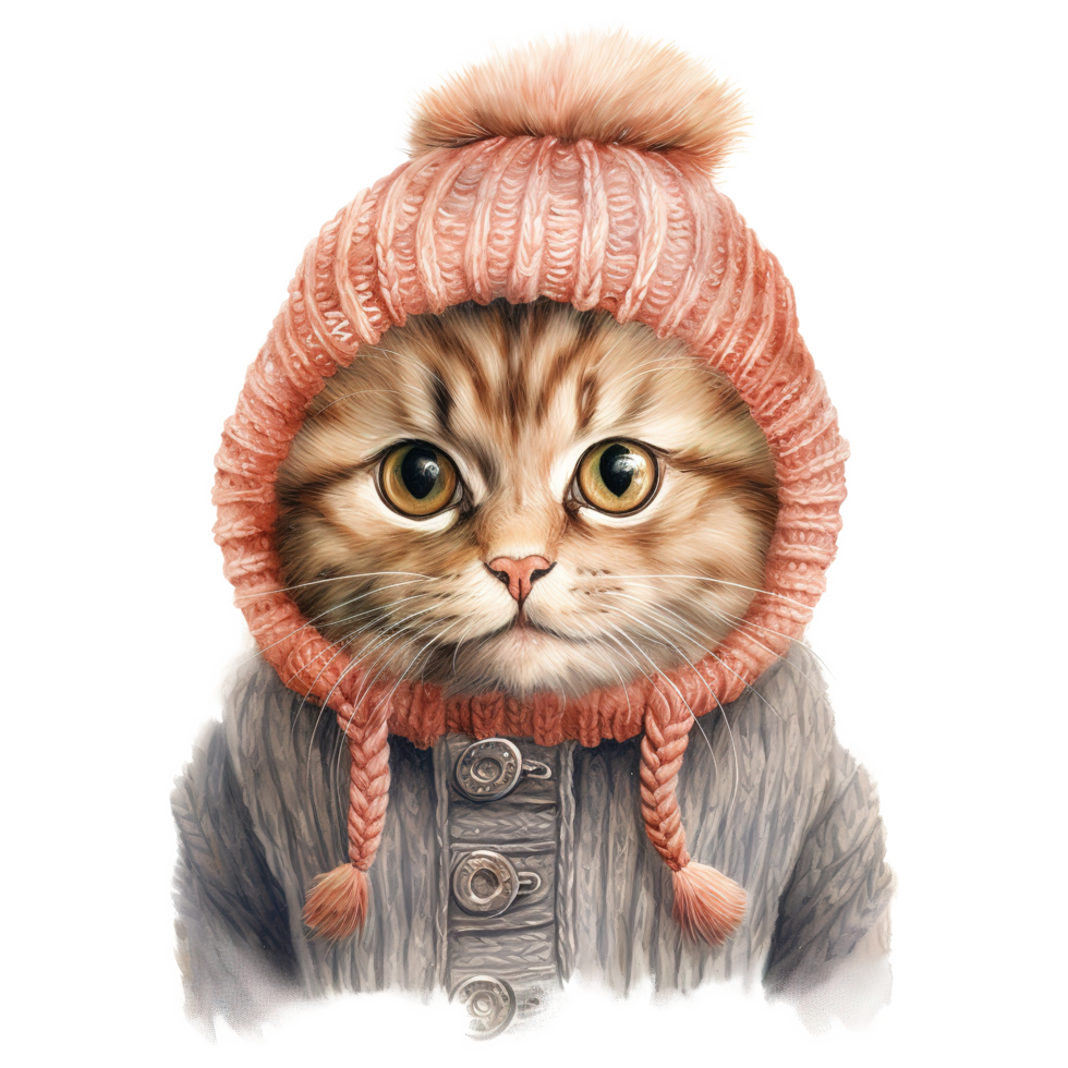 AI generated Cat Wearing Winter Clothes For Christmas Event. Watercolor Style. AI Generated png
