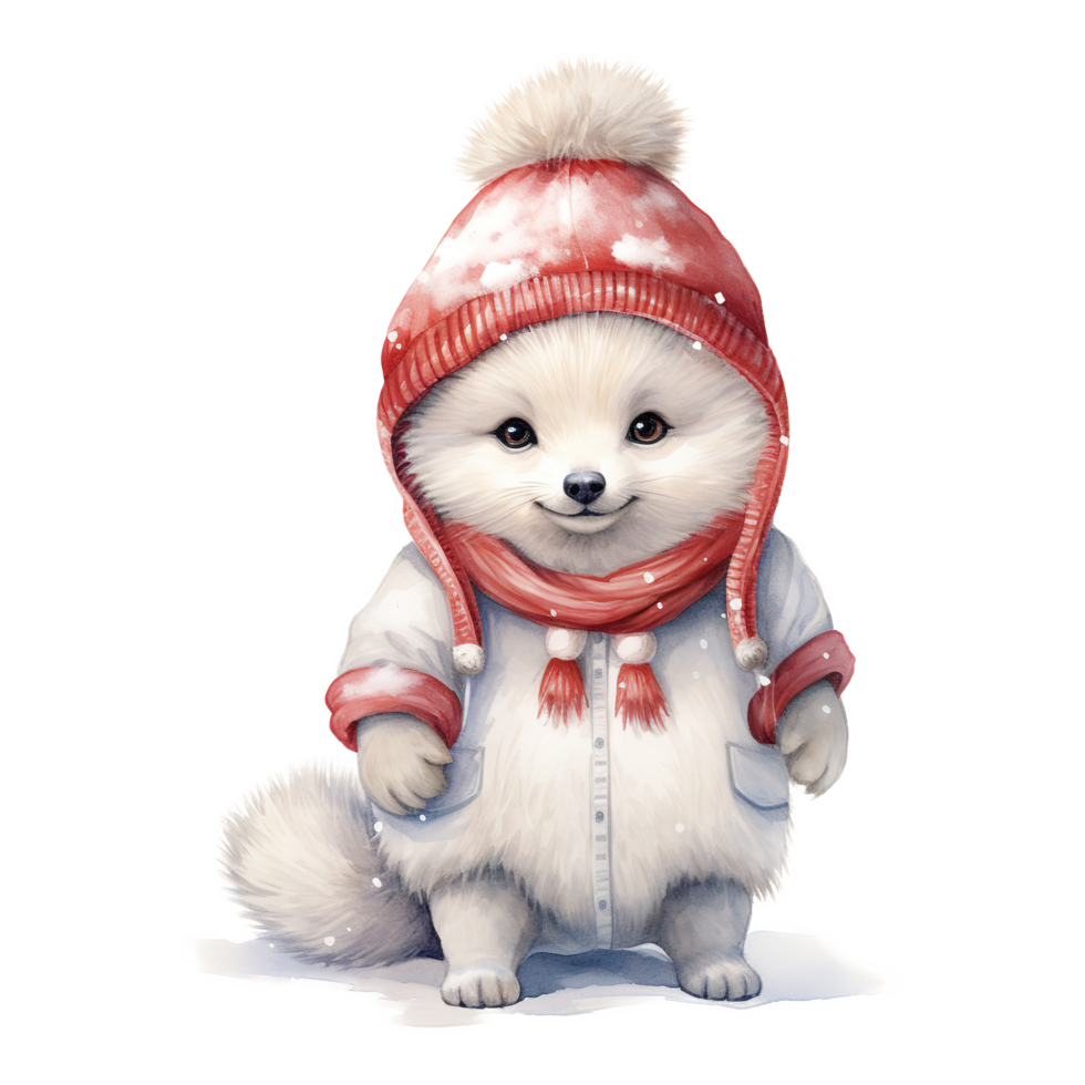 AI generated Arctic Fox Wearing Winter Clothes For Christmas Event. Watercolor Style. AI Generated png