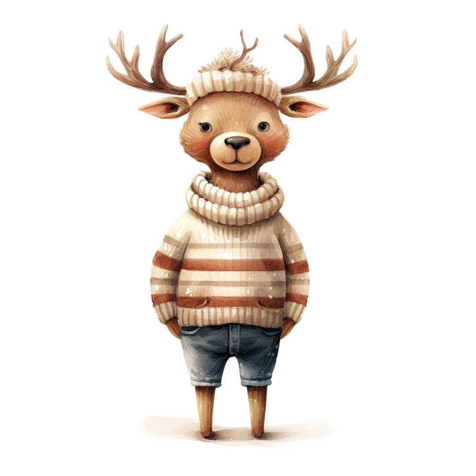 AI generated Deer Wearing Winter Clothes For Christmas Event. Watercolor Style. AI Generated png