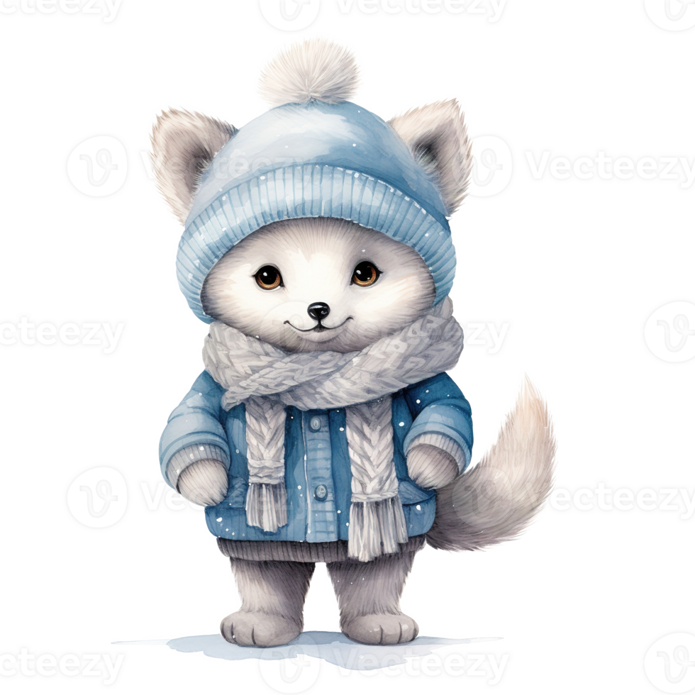 AI generated Arctic Fox Wearing Winter Clothes For Christmas Event. Watercolor Style. AI Generated png