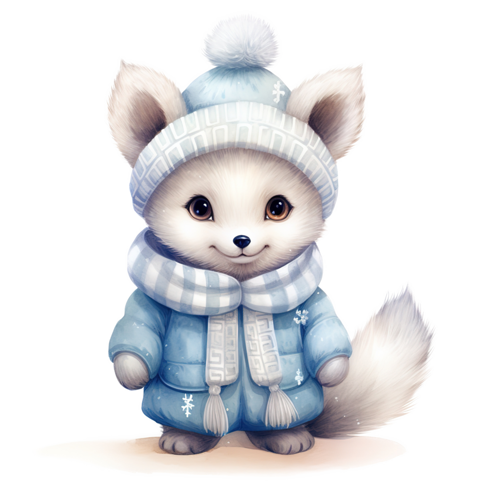 AI generated Arctic Fox Wearing Winter Clothes For Christmas Event. Watercolor Style. AI Generated png