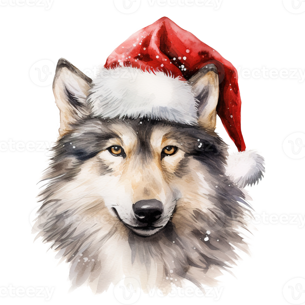 ai generato lupo indossare Santa cappello per Natale evento. acquerello stile. ai generato png