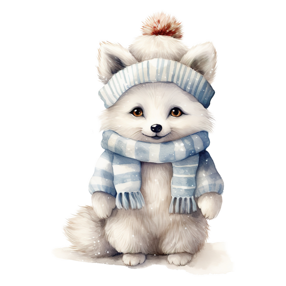 AI generated Arctic Fox Wearing Winter Clothes For Christmas Event. Watercolor Style. AI Generated png