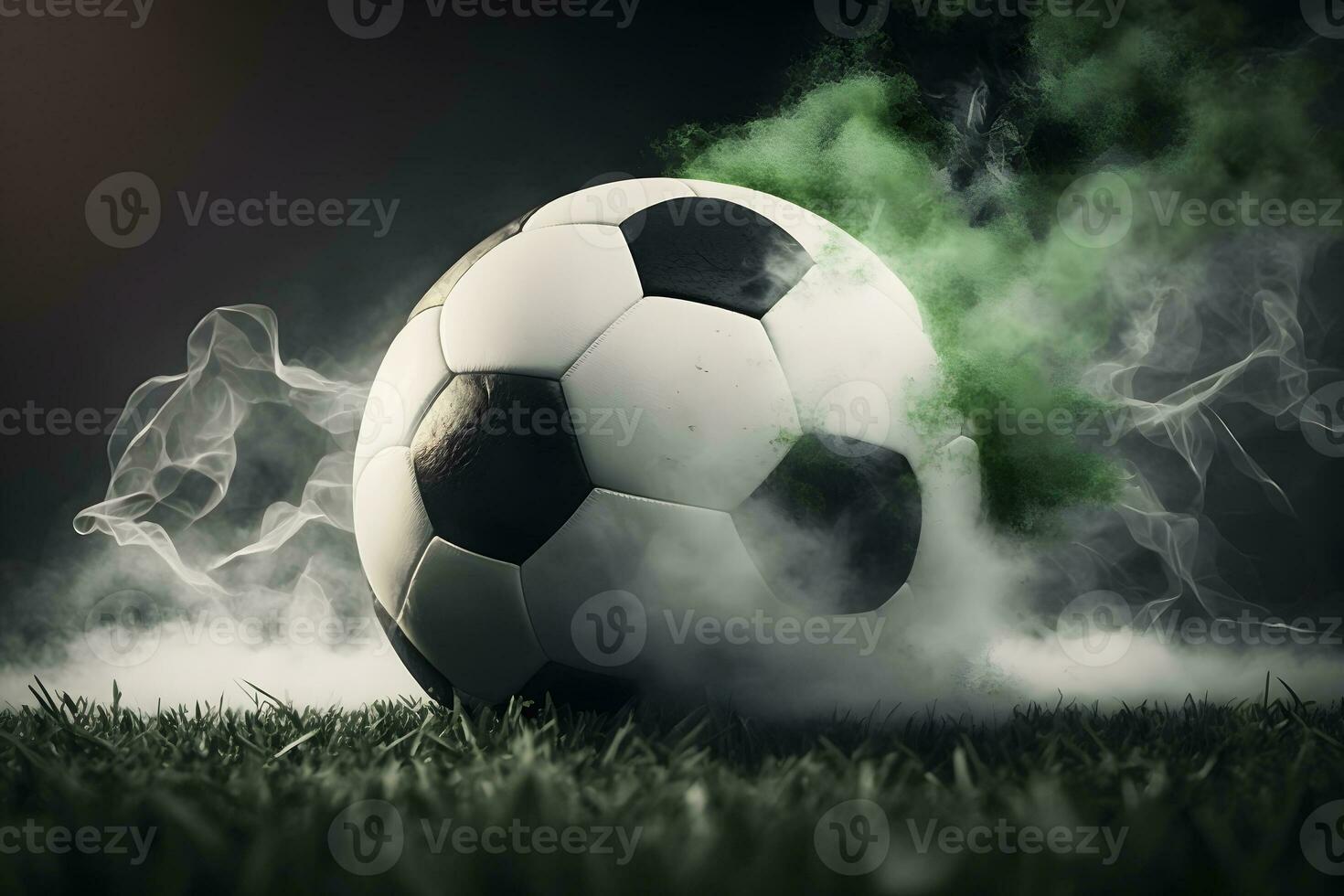 AI generated Traditional soccer ball on soccer field on green grass with dark toned foggy background. Neural network generated art photo