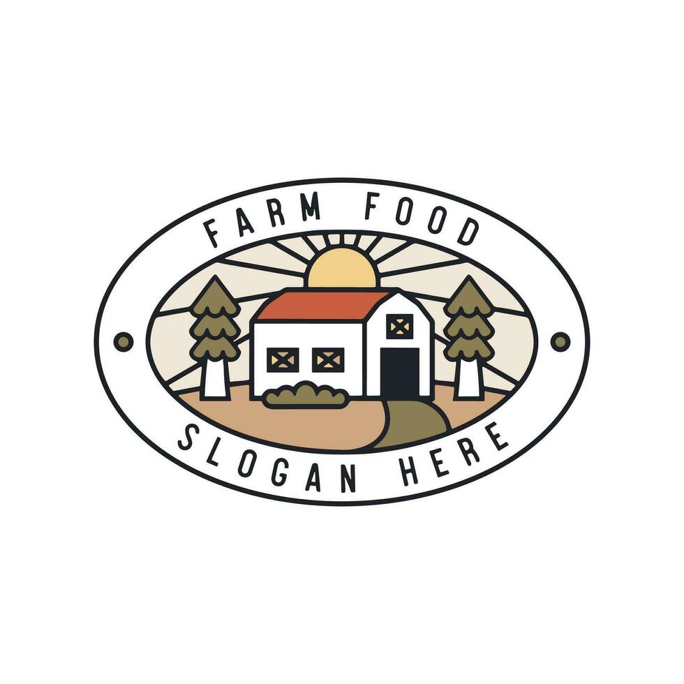 Farm logo. Template with farm landscape. Vector illustration.