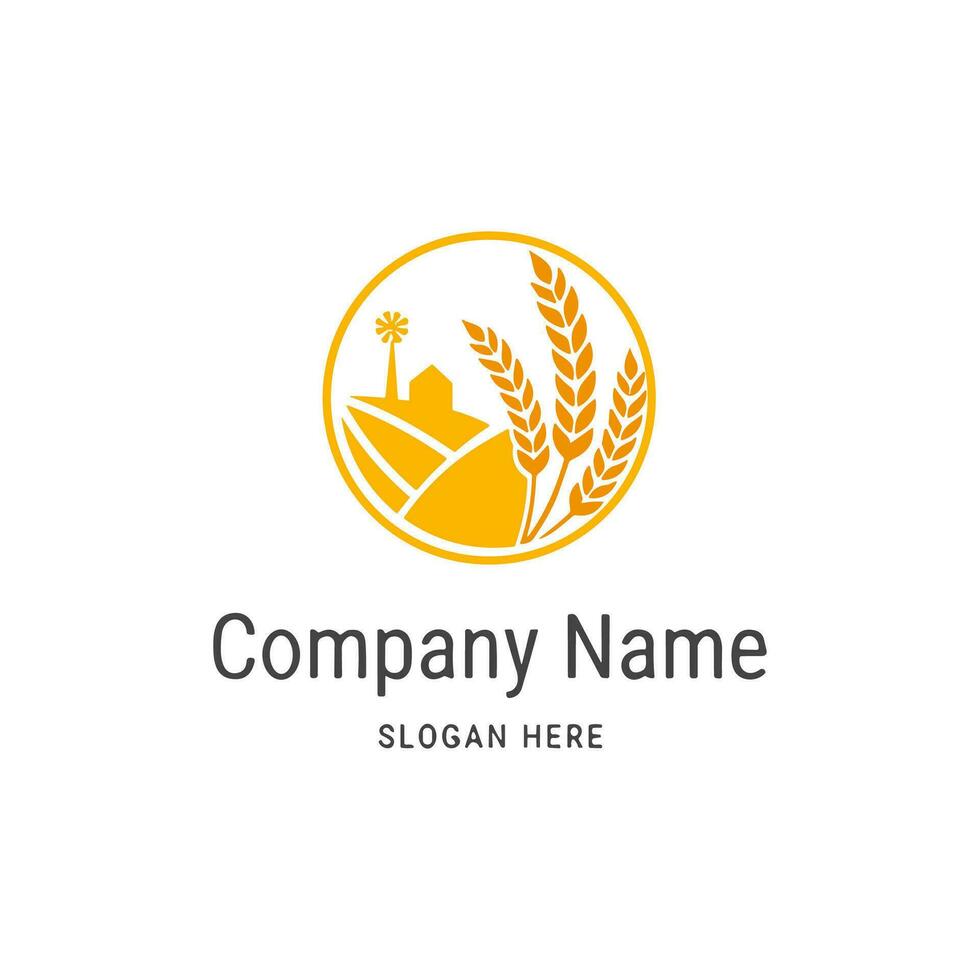 Farm logo. Template with farm landscape. Vector illustration.