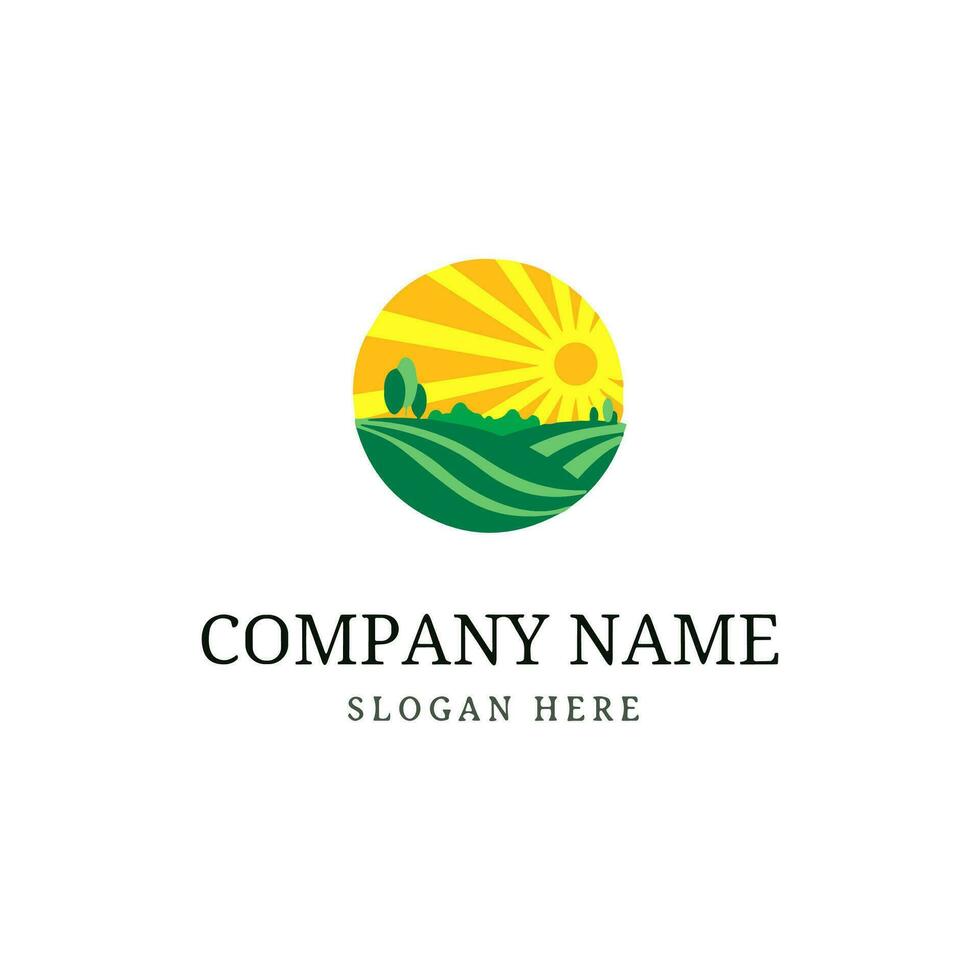 Farm logo. Template with farm landscape. Vector illustration.