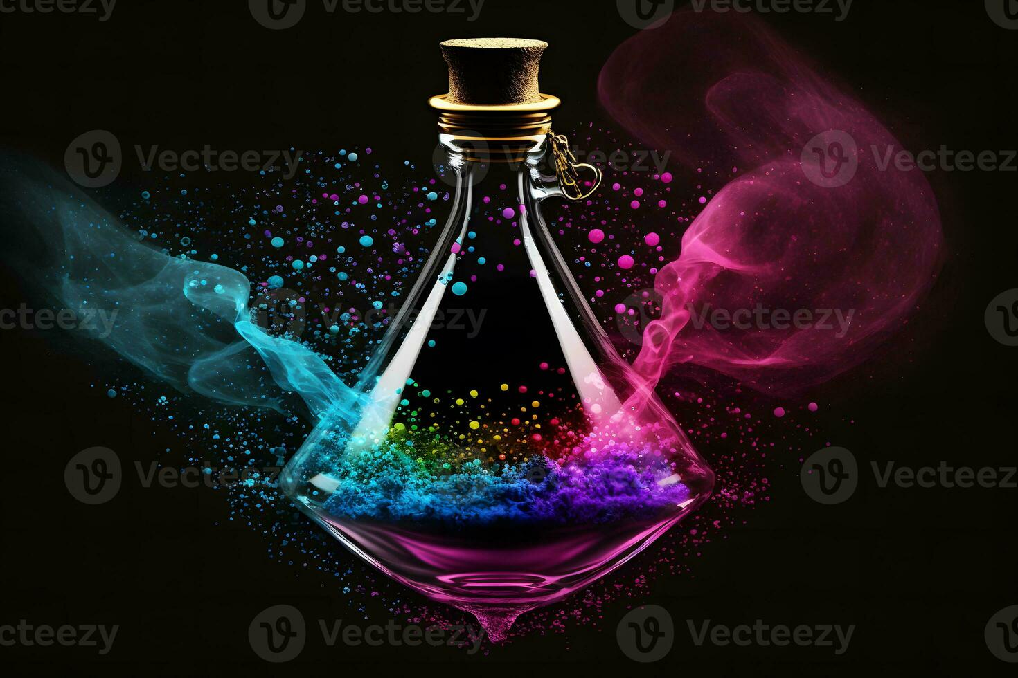 AI generated Perfume bottle splash of colored sand paint. Neural network generated art photo