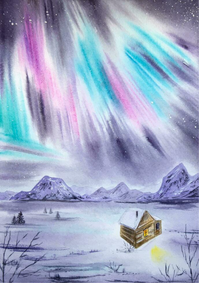 Hand painted watercolor northern lights landscape. Watercolor aurora borealis. Watercolor winter landscape. vector