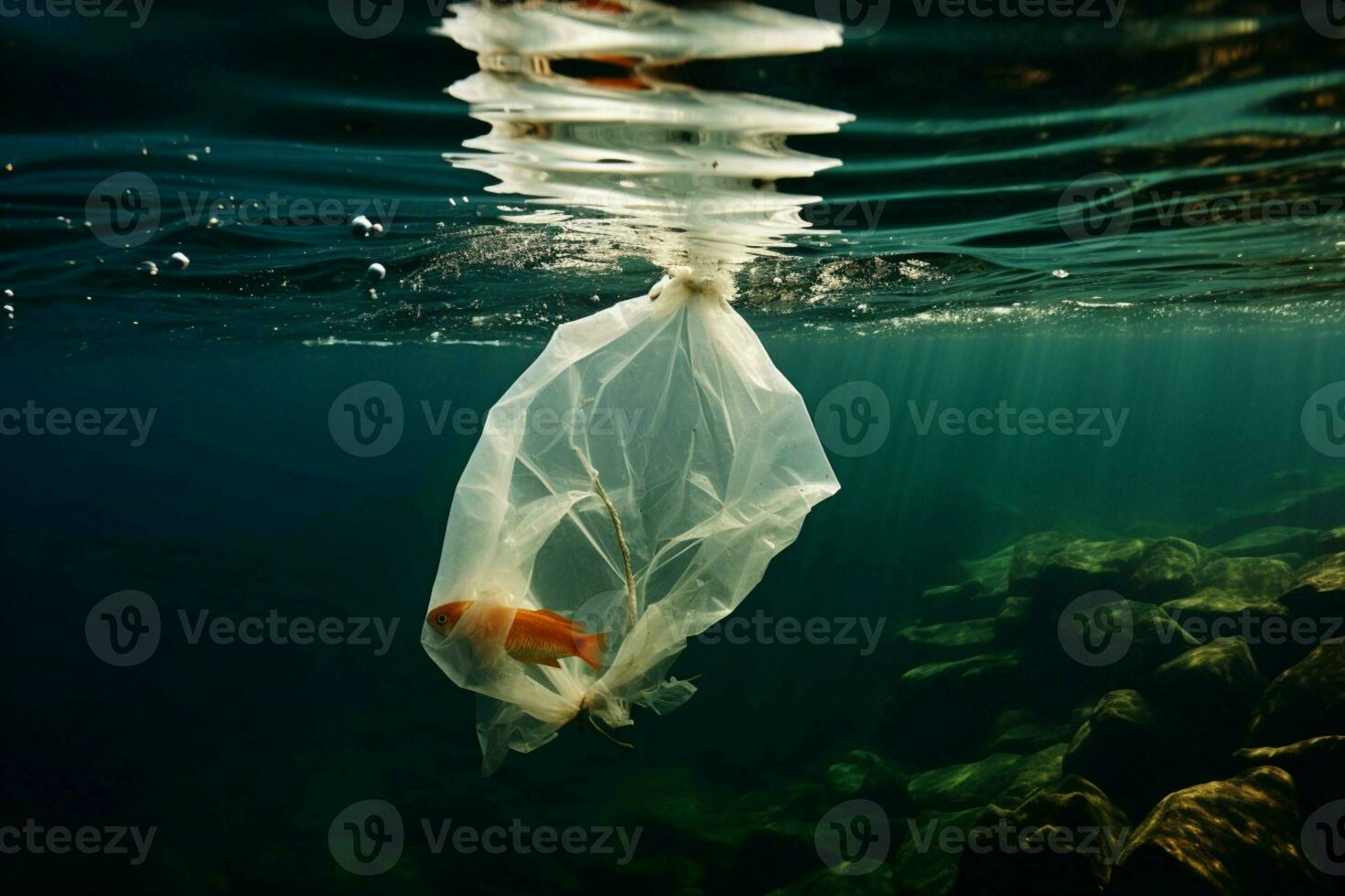 AI generated Environmental crisis Plastic bag submerged beneath the surface of the sea photo