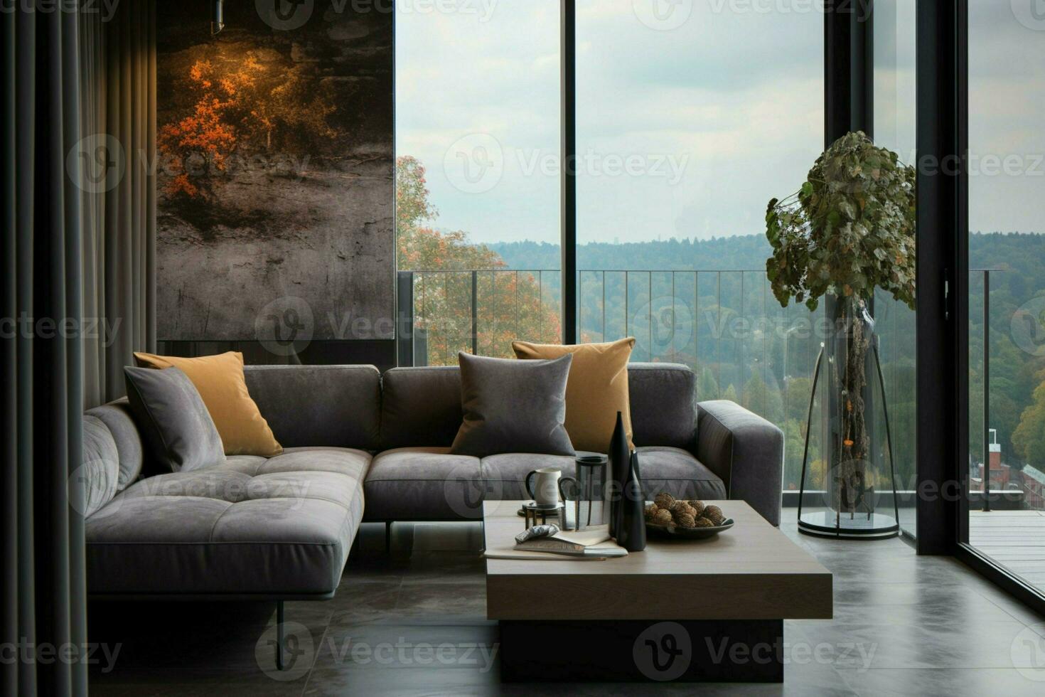 AI generated Stylish home view Large window, gray couch, black accent pillows photo