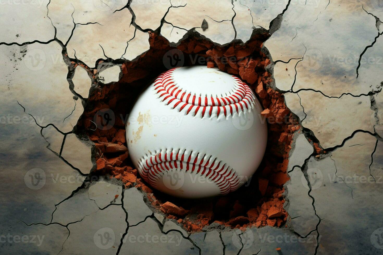 AI generated Dramatic baseball moment Ball tearing through a wall with cracks photo