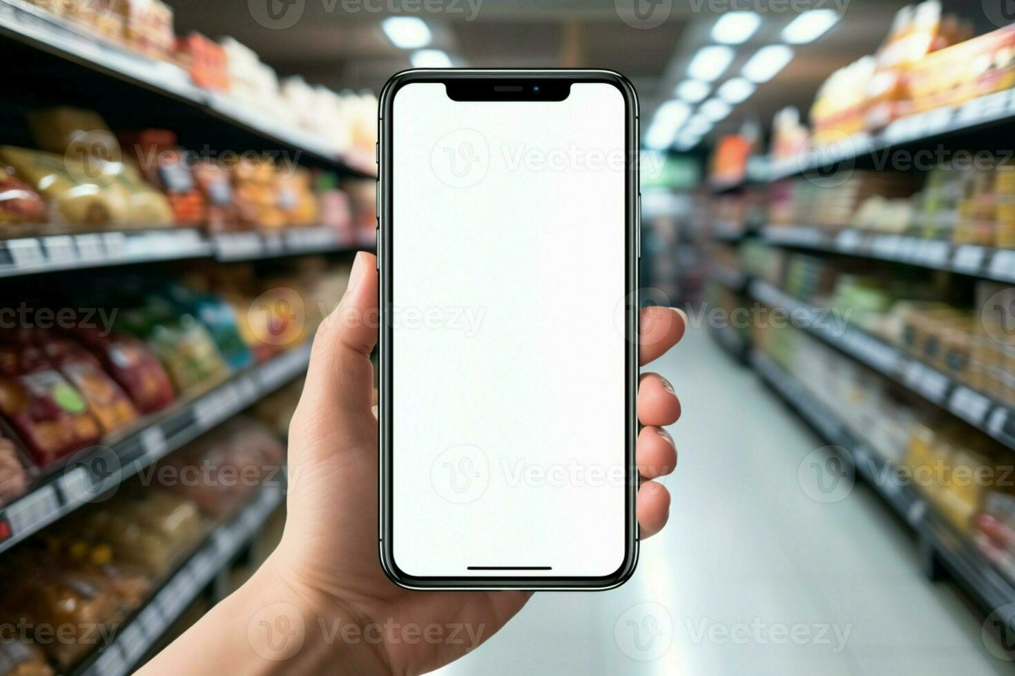 ai generado supermercado Interacción móvil teléfono a bienes estantes, blanco pantalla Bosquejo foto