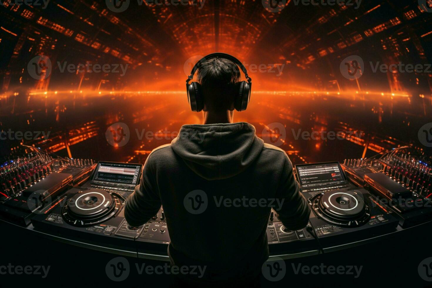 AI generated Dynamic view from behind DJ in action commanding the stage with music AI Generated photo